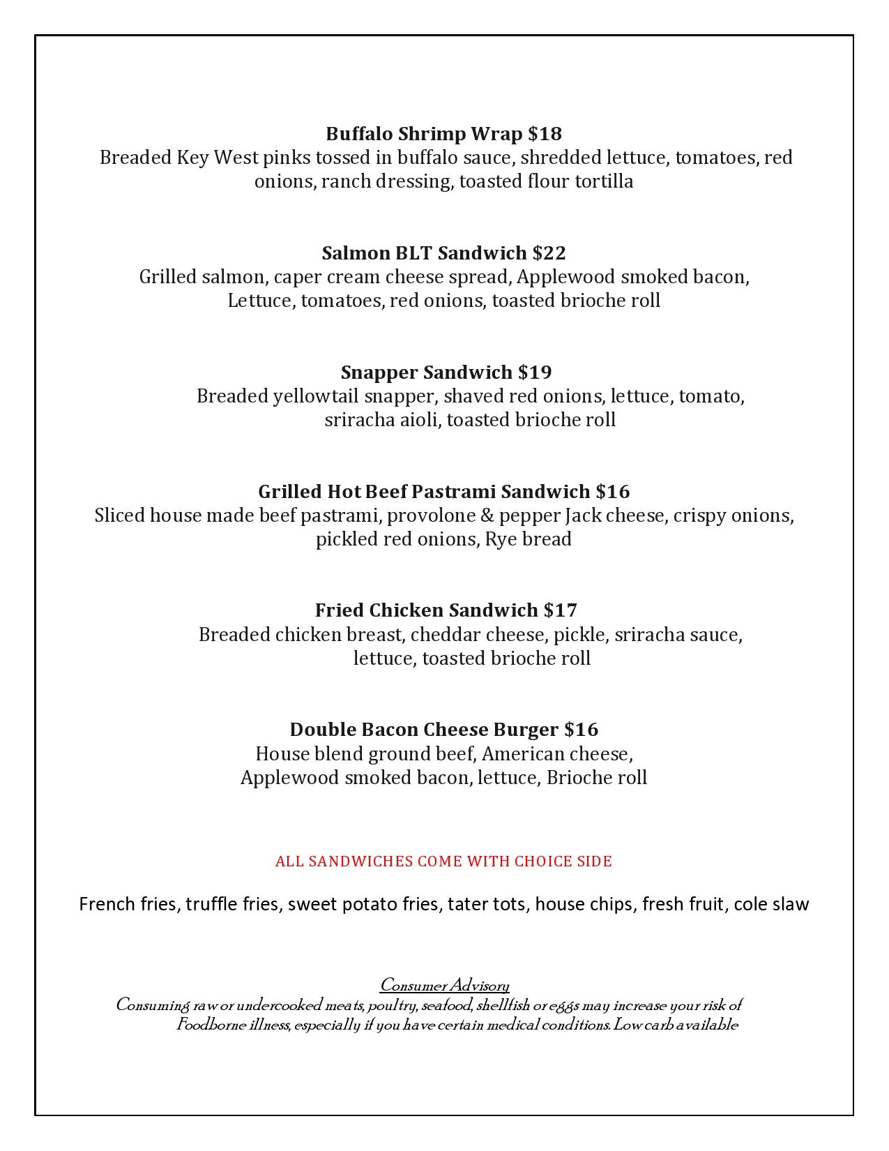 Lunch Menu Key West Yacht Club